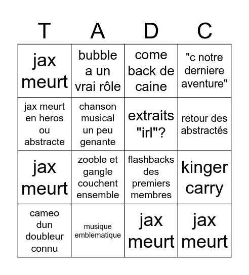 TADC finale Bingo Card