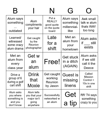 Reunion Bingo Card