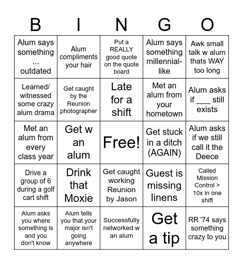 Reunion Bingo Card