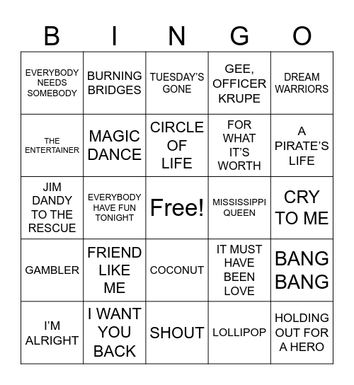 HITS FROM THE MOVIES #2 Bingo Card