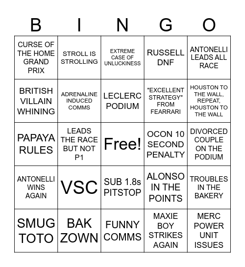 AUSTRIA GP 2026 Bingo Card