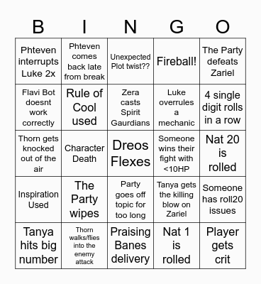 Avernus Final Bingo Card