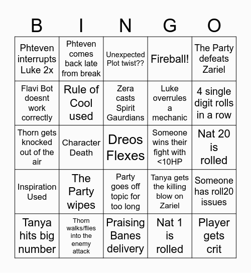 Avernus Final Bingo Card