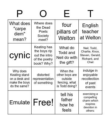 Dead Poets Society Bingo Card