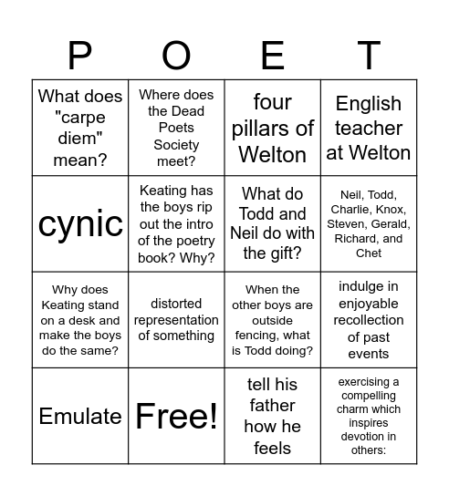 Dead Poets Society Bingo Card