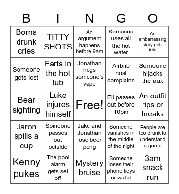 Gatlinburg Trip Bingo Card