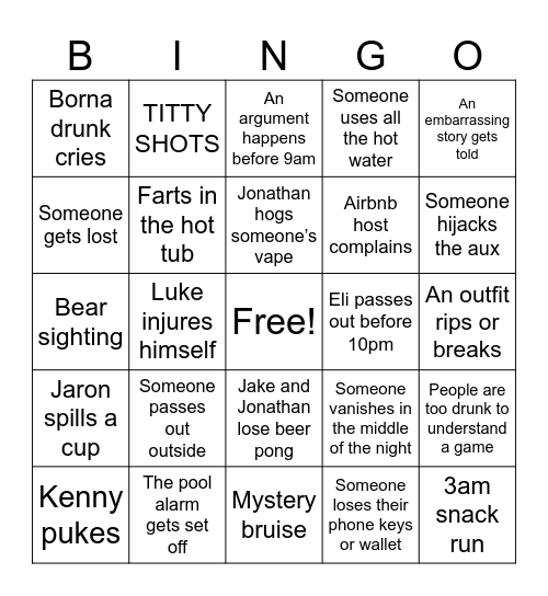 Gatlinburg Trip Bingo Card
