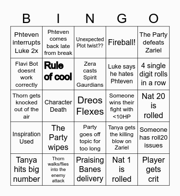 Avernus Final Bingo Card