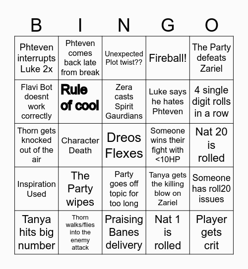 Avernus Final Bingo Card