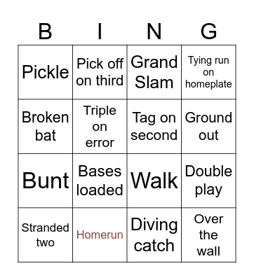 Baseball Bingo Card