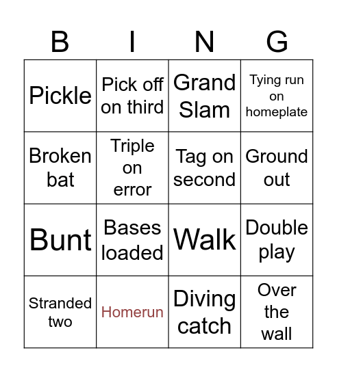 Baseball Bingo Card