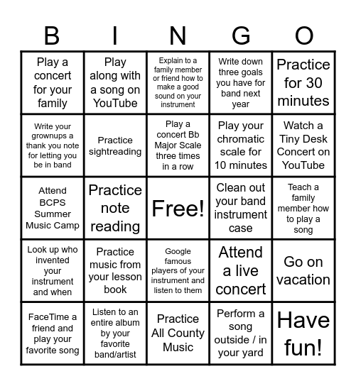 Summer PHMS Band Bingo Card