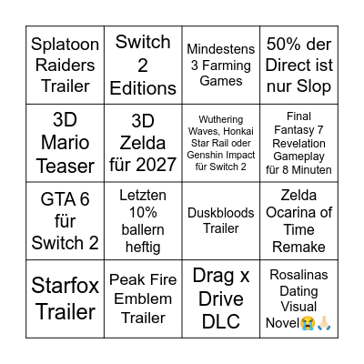 Nintendo Direct Bingo Card