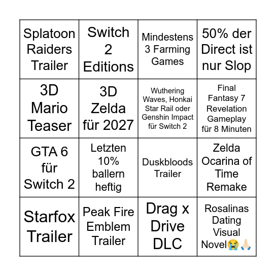 Nintendo Direct Bingo Card