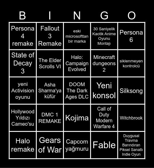 XBOX SUNUMU Bingo Card