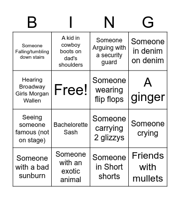 CMA Fest Bingo Card