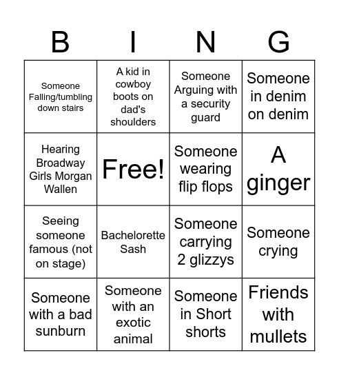 CMA Fest Bingo Card