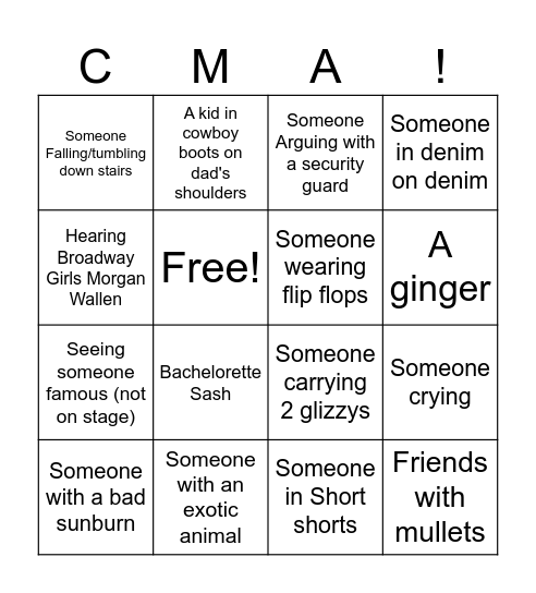 CMA Fest Bingo Card