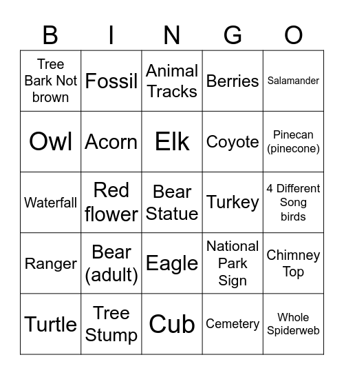 Smoky Mountain Scavenger Hunt Bingo Card