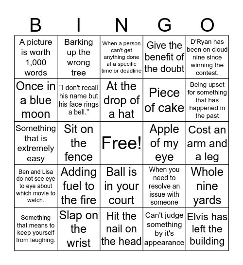 Idioms Bingo Card