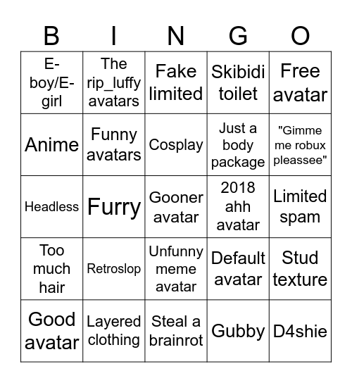Catalog Avatar Creator Bingo Card