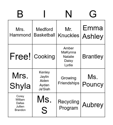 RHS Staff/Students/Activities Bingo Card
