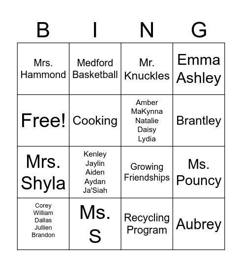 RHS Staff/Students/Activities Bingo Card