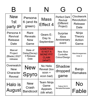 Xbox Conference '26 Bingo Card