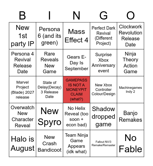 Xbox Conference '26 Bingo Card