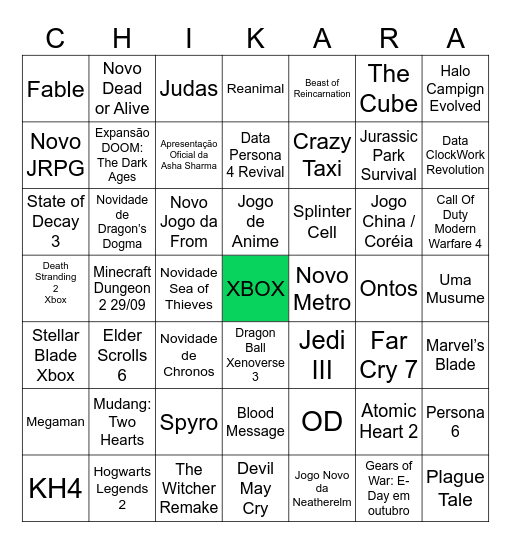 XBOX Showcase Bingo Card