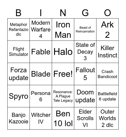 Xbox Showcase 2026 Bingo Card