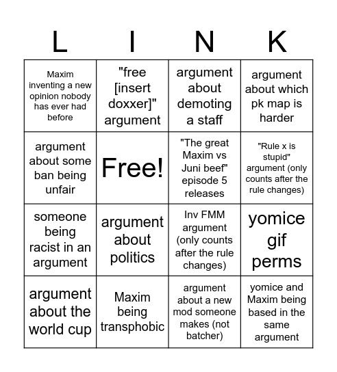 LinkCraft General Bingo Card