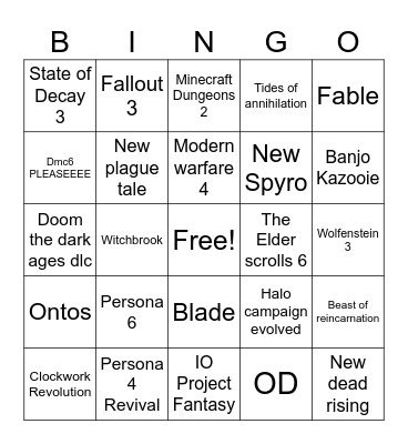 xbox Bingo Card