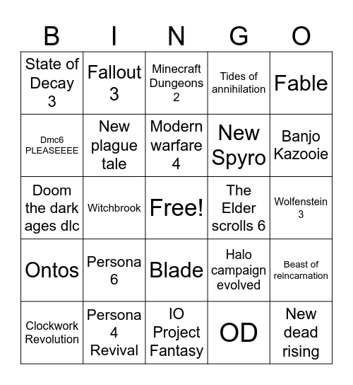 xbox Bingo Card