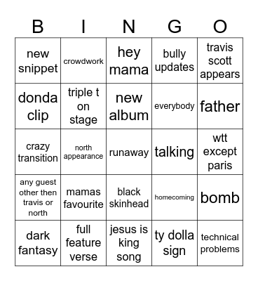 YEEZY BULLY BINGO Card