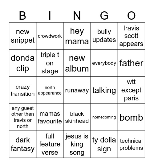 YEEZY BULLY BINGO Card