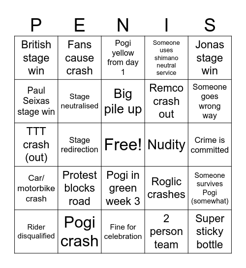 Tour de France Bingo Card