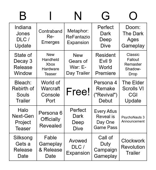 Xbox Games Showcase 2026 Bingo Card