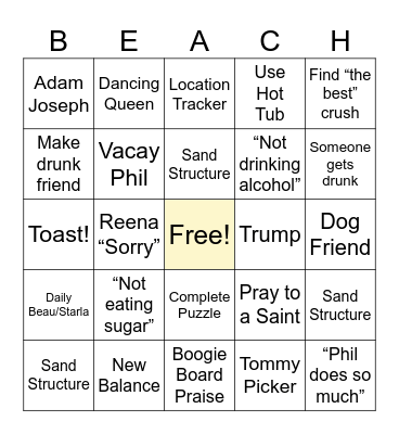 Beach 2026 Bingo Card