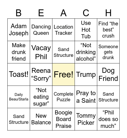 Beach 2026 Bingo Card