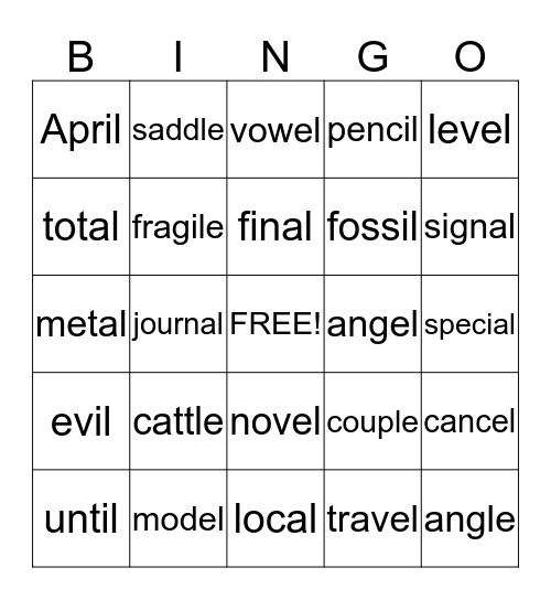 Unaccented Final Syllables Bingo Card