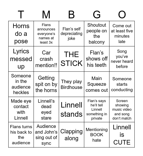 TMBG Bingo Card
