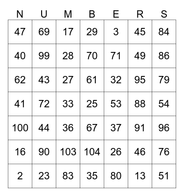 Number Bingo Card