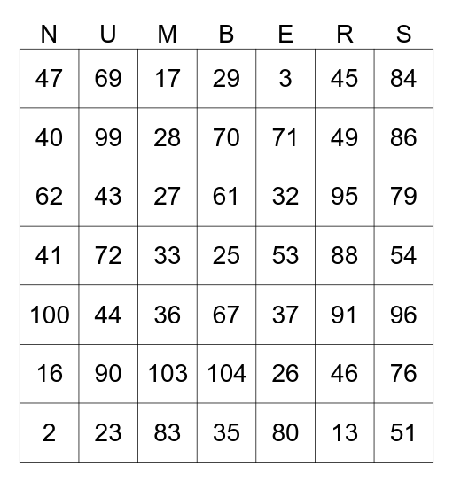 Number Bingo Card