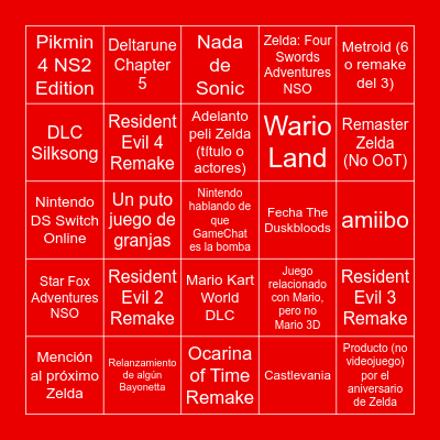 Nintendo Direct Junio 2025 Bingo Card