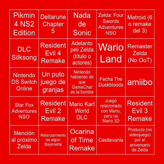 Nintendo Direct Junio 2025 Bingo Card