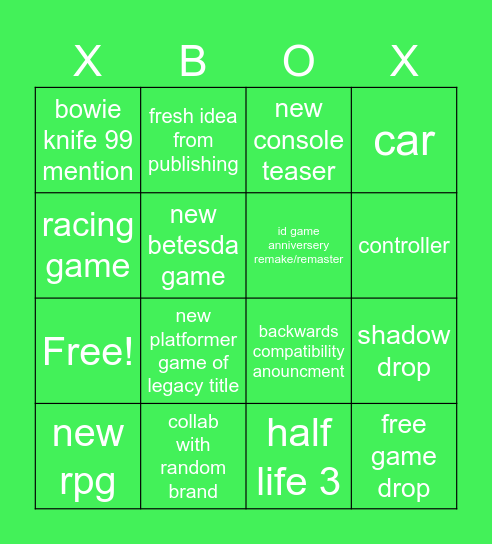 XBOX showase bingo Card