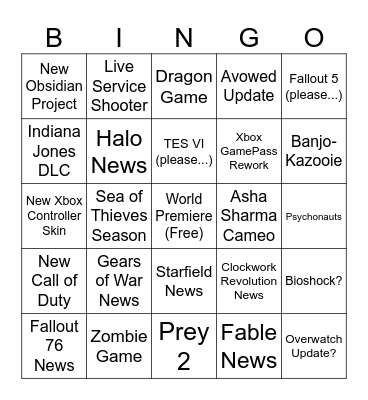 XBOX Showcase 2026 Bingo Card