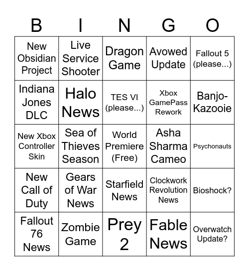 XBOX Showcase 2026 Bingo Card