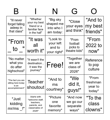 Student Speeches Bingo Card